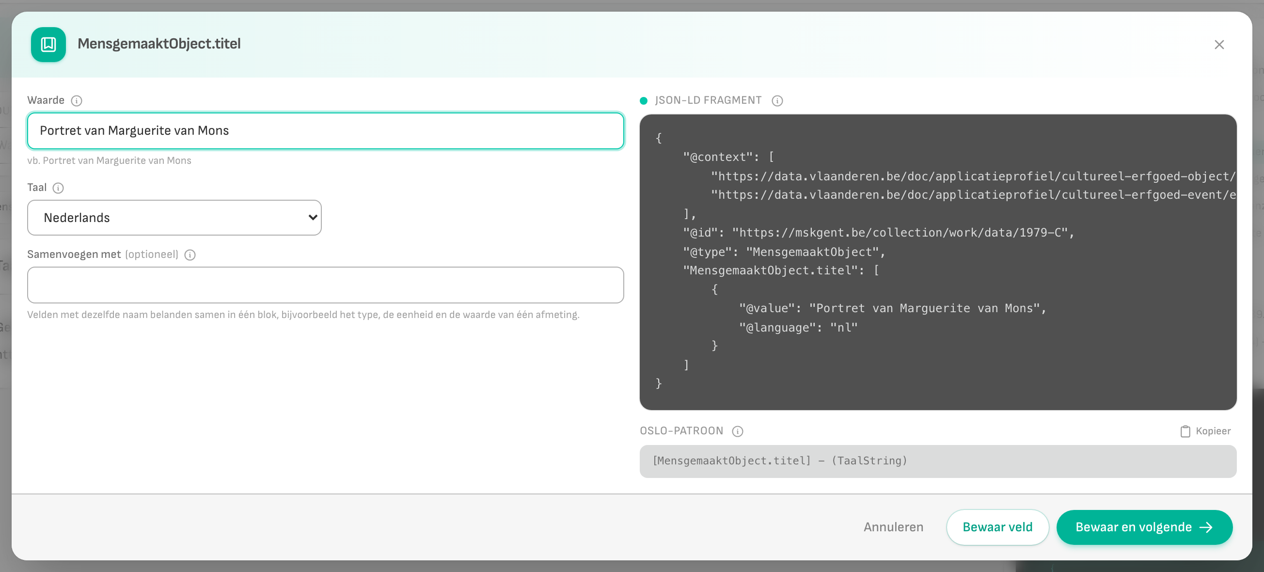 Het bewaarvenster met het live JSON-LD-fragment